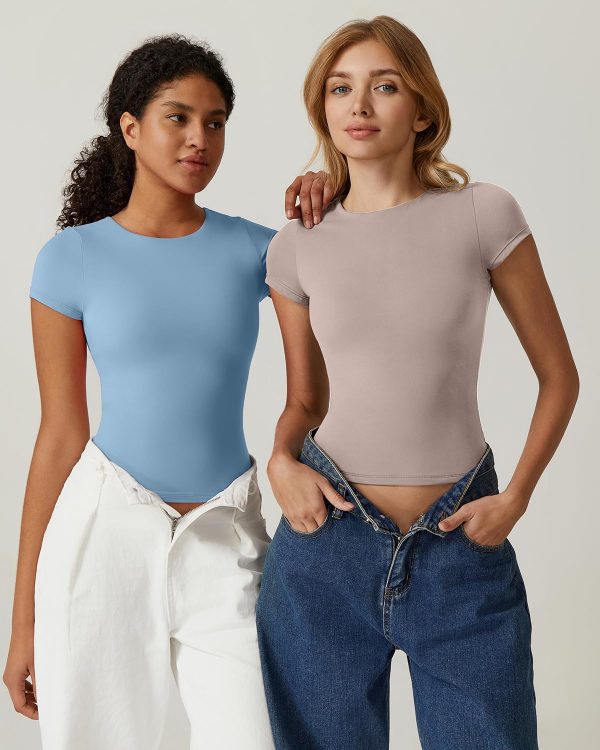 Women's Crew Neck Short Sleeve Tees Double Lined Slim Fit T Shirt Basic Y2K Tops