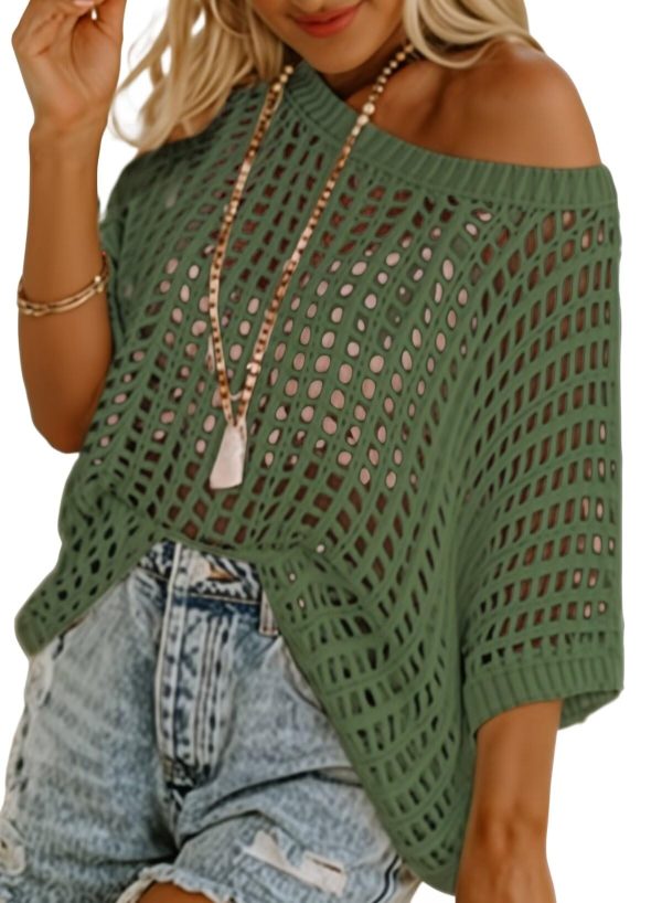 Womens Summer Scoop Neck Short Sleeve Sweater Casual Crochet Hollow Out Knit Tops Pullover Shirts Beach Coverup
