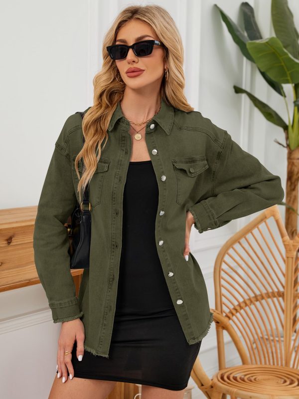 Womens Oversized Button Down Frayed Hem Denim Shacket Casual Long Sleeve Jean Jackets 2025 Spring Outfits