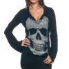 Sugar Rock Women Sweater Hoodie Shirt Long Bell Sleeves Skull Rhinestone Vneck