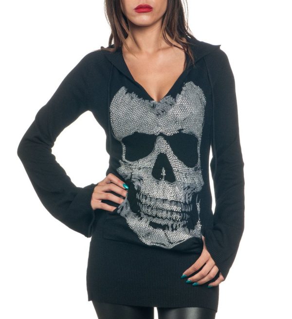 Sugar Rock Women Sweater Hoodie Shirt Long Bell Sleeves Skull Rhinestone Vneck