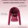Women Faux Leather Suede Jacket Moto Biker Coat Sherpa-Lined Overcoat with Removable Belt