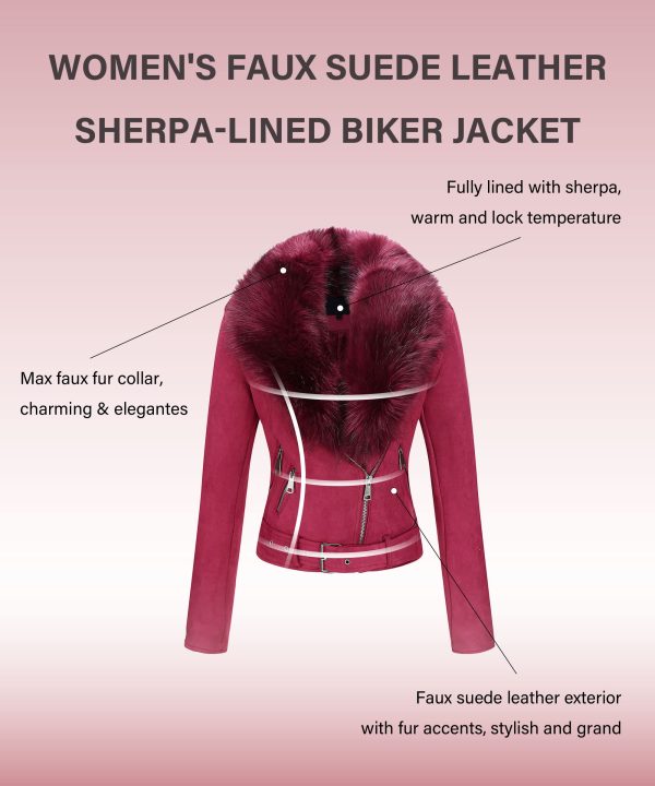 Women Faux Leather Suede Jacket Moto Biker Coat Sherpa-Lined Overcoat with Removable Belt