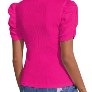 Women's Casual Puff Short Sleeve Top Crewneck Solid Slim Fit T Shirt Blouse
