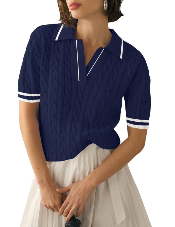 Womens Short Sleeve Sweater Tops Lapel V Neck Polo Shirts 2025 Summer Cable Knit Blouses Business Casual Outfits