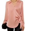 Women's Satin Silk Blouses Wrap V Neck Shirts Long Sleeve Elegant Tie Waist Office Formal Work Tunic PulloverTops