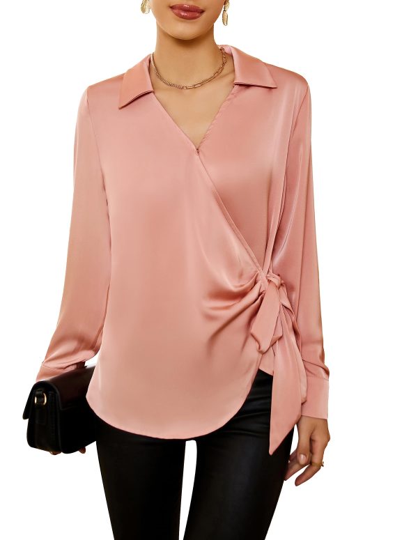 Women's Satin Silk Blouses Wrap V Neck Shirts Long Sleeve Elegant Tie Waist Office Formal Work Tunic PulloverTops