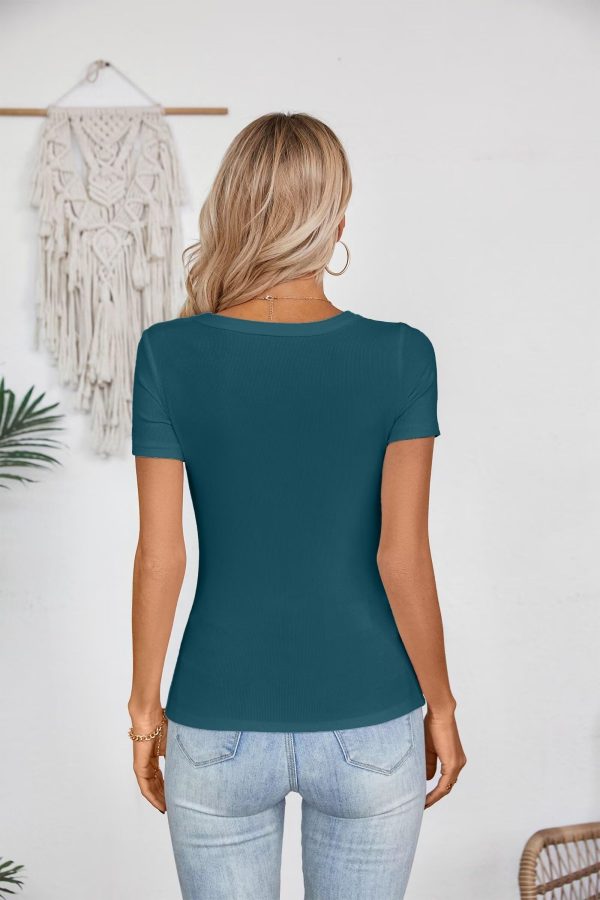 Womens Summer Short Sleeve Tops Square Neck Ribbed Slim Fitted Shirts Casual Tee Tshirt