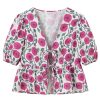 Womens Tie Front Floral T-Shirt Cute V Neck Ruffle Hem Short Sleeve Summer Cropped Shirt Top Babydoll Blouse