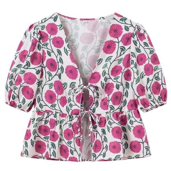 Womens Tie Front Floral T-Shirt Cute V Neck Ruffle Hem Short Sleeve Summer Cropped Shirt Top Babydoll Blouse