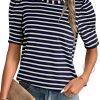 Women's Casual Short Puff Sleeve Crew Neck Striped T Shirts Summer Tops