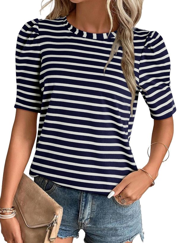 Women's Casual Short Puff Sleeve Crew Neck Striped T Shirts Summer Tops