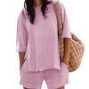 Womens Shorts Sets 2 Piece Outfits Summer 2025 Half Sleeve Crew Neck Cotton Lounge Sets Matching Clothing