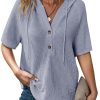 Womens Summer Waffle Knit Short Sleeve Tops Lightweight Drawstring Hoodies Button V Neck Casual Blouses Shirts