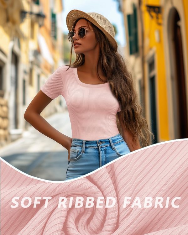 3 Pack Women's Short Sleeve Scooped Neck T Shirts Tops Basic Ribbed Knit Tee Slim Fit Solid Color Shirt
