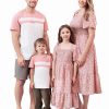 Family Matching Outfits Boho Floral Print Square Neck Puff Sleeve Smocked Dress and Short Sleeve T-Shirts Matching Set