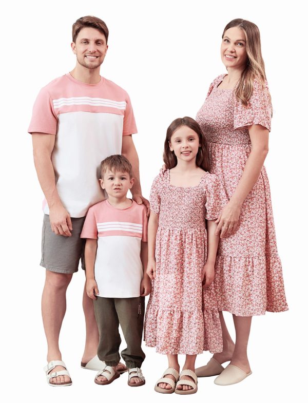 Family Matching Outfits Boho Floral Print Square Neck Puff Sleeve Smocked Dress and Short Sleeve T-Shirts Matching Set