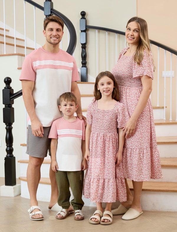 Family Matching Outfits Boho Floral Print Square Neck Puff Sleeve Smocked Dress and Short Sleeve T-Shirts Matching Set