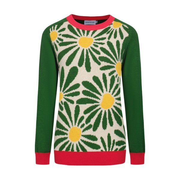 OXKnit Women's Knitted Green Floral Long Sleeve T-Shirts, Casual Cotton Knit Tops