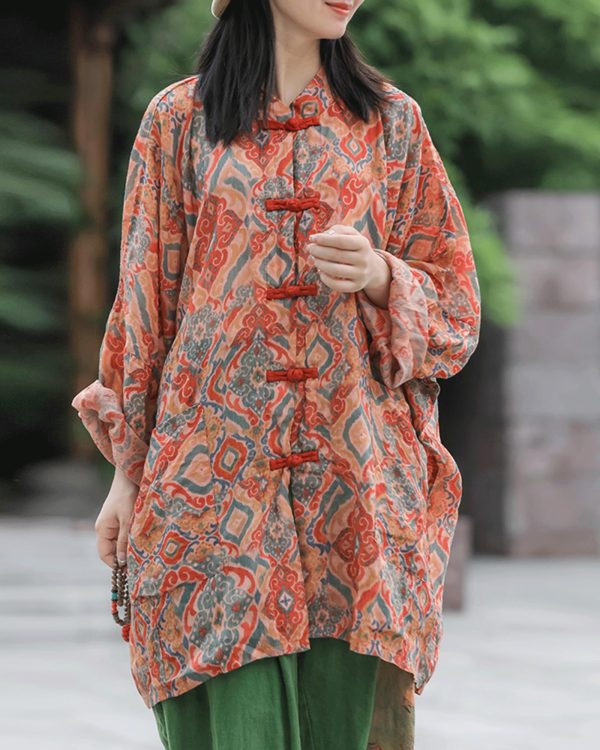 Women's Loose Printed Shirt Vintage Bohemian Long Sleeve Beach Pocket Chinese Plate Button Ramie Lightweight Shirt