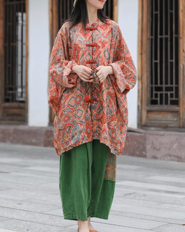 Women's Loose Printed Shirt Vintage Bohemian Long Sleeve Beach Pocket Chinese Plate Button Ramie Lightweight Shirt