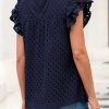Casual Summer Tops for Women 2025 Short Ruffle Sleeves Shirts Crew Neck Hollow Out Lace Embroidered Blouses
