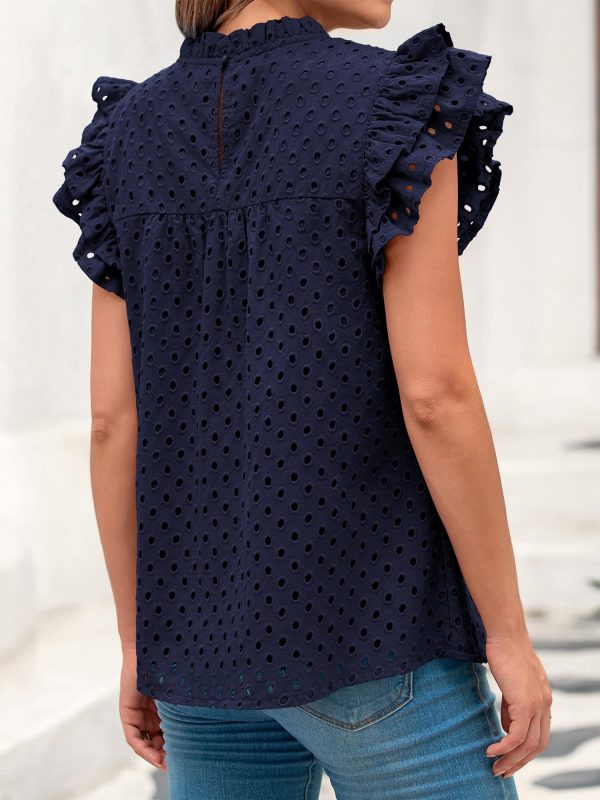Casual Summer Tops for Women 2025 Short Ruffle Sleeves Shirts Crew Neck Hollow Out Lace Embroidered Blouses