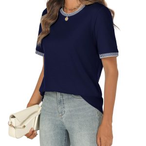 Women 2025 Summer Short Sleeve T-Shirts Crewneck Loose Casual Color Block Fashion Tee Tops