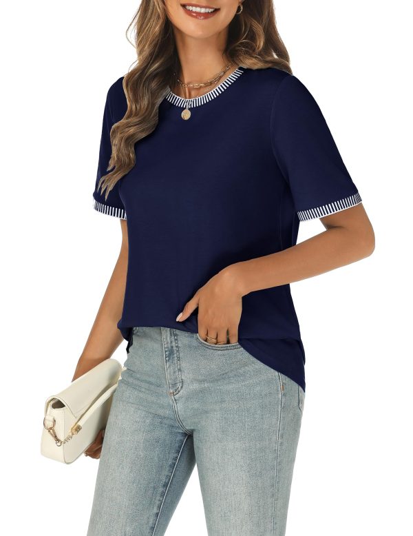 81P8L0ihnJL.jpg Women 2025 Summer Short Sleeve T-Shirts Crewneck Loose Casual Color Block Fashion Tee Tops