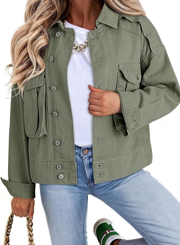 Women's Cargo Jean Jacket - Cropped Button Spring Fashion Coat for Women