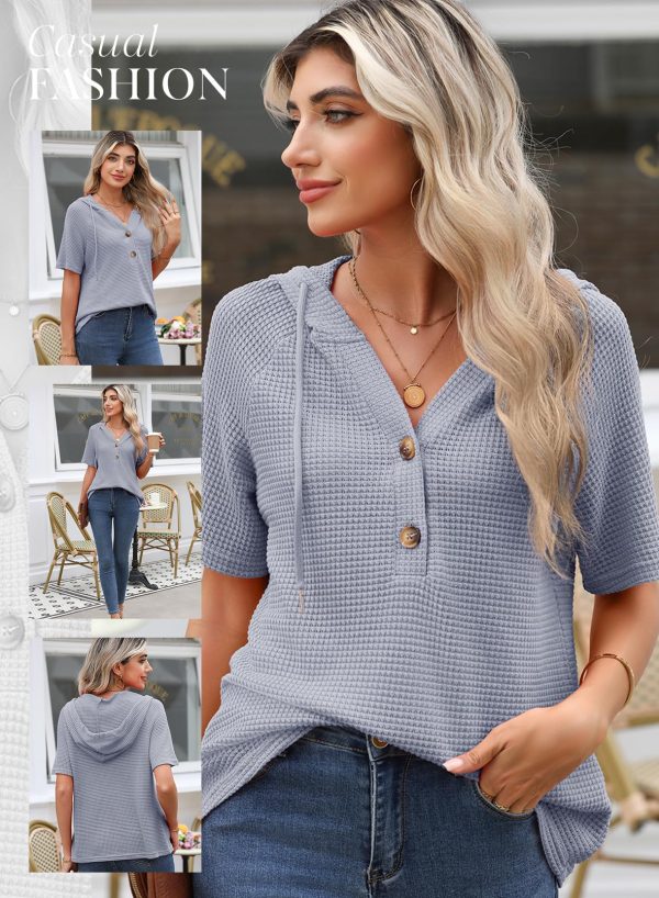 Womens Summer Waffle Knit Short Sleeve Tops Lightweight Drawstring Hoodies Button V Neck Casual Blouses Shirts