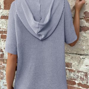 Womens Summer Waffle Knit Short Sleeve Tops Lightweight Drawstring Hoodies Button V Neck Casual Blouses Shirts