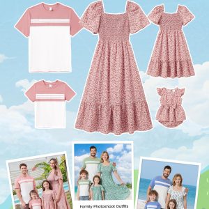 Family Matching Outfits Boho Floral Print Square Neck Puff Sleeve Smocked Dress and Short Sleeve T-Shirts Matching Set