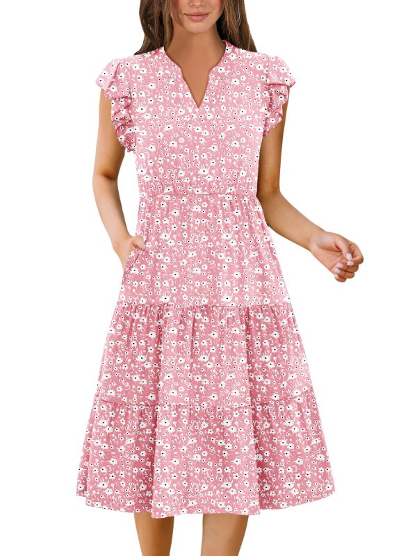 Womens Summer Casual Dresses Ruffle Sleeve V Neck Midi Dress Flowy Tiered Dress with Pockets Boho Sundresses