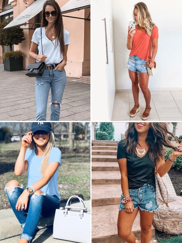 Womens T Shirts V Neck Summer Short/Long Sleeve Cotton Tops Tees