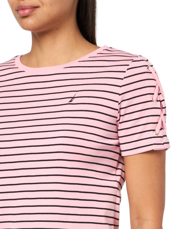 Women's T-Shirt Cotton Crewneck with Laceup Sleeve Detail