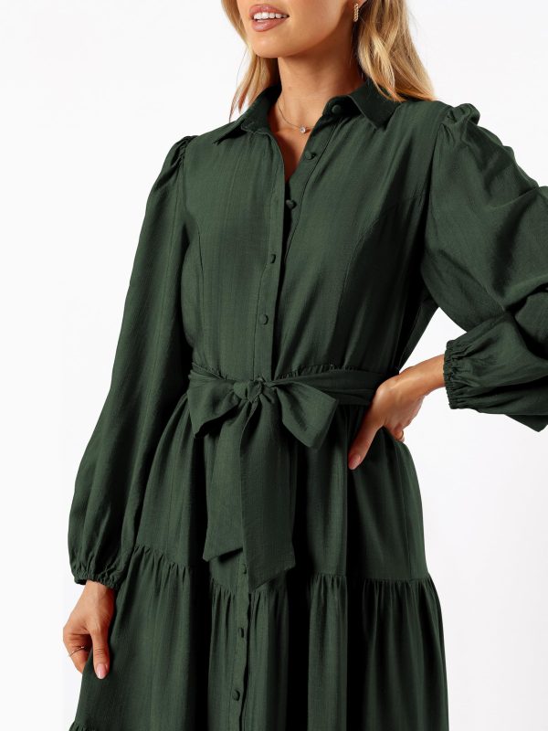 Womens Dresses 2025 Fall Long Sleeve Midi Dress Casual V Neck Button Down Tiered Flowy Aline Tie Waist Shirt Dress