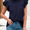 Casual Summer Tops for Women 2025 Short Ruffle Sleeves Shirts Crew Neck Hollow Out Lace Embroidered Blouses