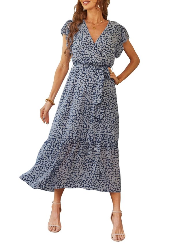 Women's Summer Floral Boho Maxi Dress Wrap Short Sleeve V Neck Ruffle A-Line Flowy Wedding Guest Long Dresses