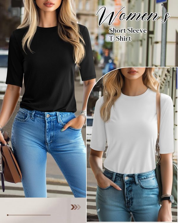 3 Pack Women's 1/2 Sleeve Tops Half Length Sleeve Cotton Crewneck T Shirts Slim Fit Casual Elbow Summer Basic Tees