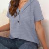 Womens Summer Waffle Knit Short Sleeve Tops Lightweight Drawstring Hoodies Button V Neck Casual Blouses Shirts