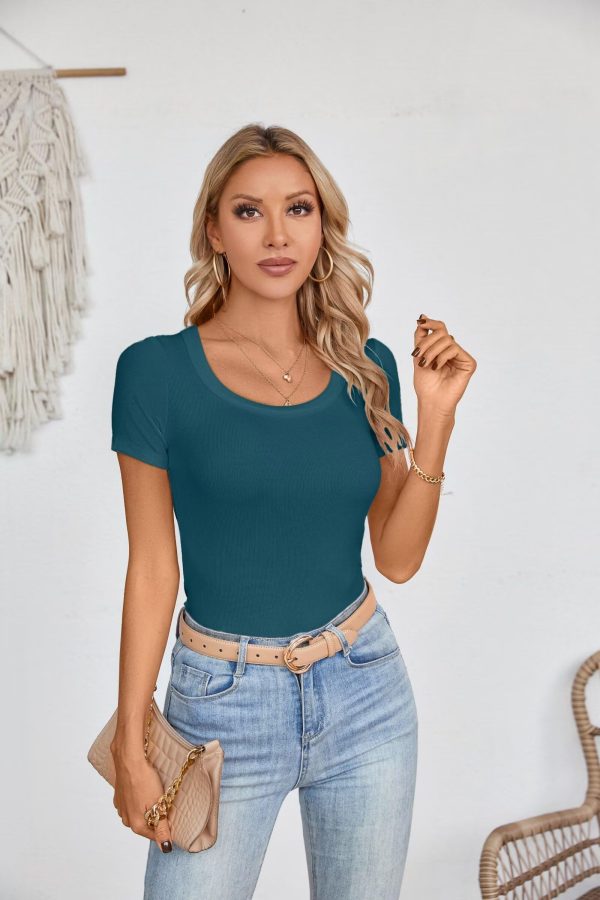 Womens Summer Short Sleeve Tops Square Neck Ribbed Slim Fitted Shirts Casual Tee Tshirt