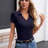 Womens Short Sleeve Shirts Lapel Collared V Neck Slim Fitted Ribbed Knit Tight Polo Tops