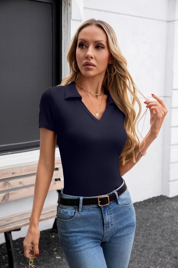Womens Short Sleeve Shirts Lapel Collared V Neck Slim Fitted Ribbed Knit Tight Polo Tops
