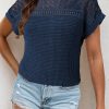 Women's Tops Casual Scoop Neck Short Sleeve Waffle Knit Hollow Out Shirts Loose Tunic Tops Blouses