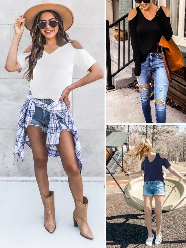 Womens V Neck Cold Shoulder Tops Short/Long Sleeve Summer T Shirts Basic Tees