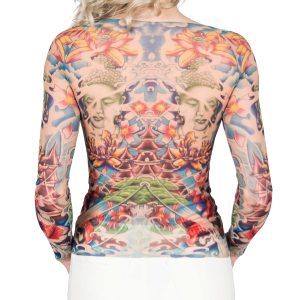 Ladies Prayer Buddha Yoga Meditation Lotus Koi Zen Blue Tattoo Mesh Shirt