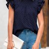 Casual Summer Tops for Women 2025 Short Ruffle Sleeves Shirts Crew Neck Hollow Out Lace Embroidered Blouses