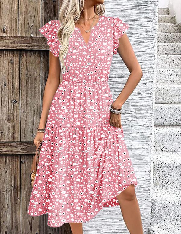 Womens Summer Casual Dresses Ruffle Sleeve V Neck Midi Dress Flowy Tiered Dress with Pockets Boho Sundresses