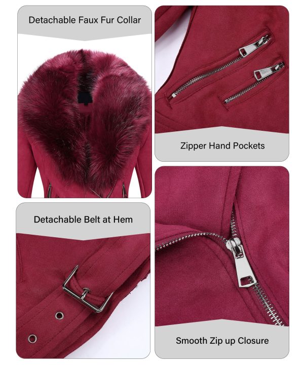 Women Faux Leather Suede Jacket Moto Biker Coat Sherpa-Lined Overcoat with Removable Belt